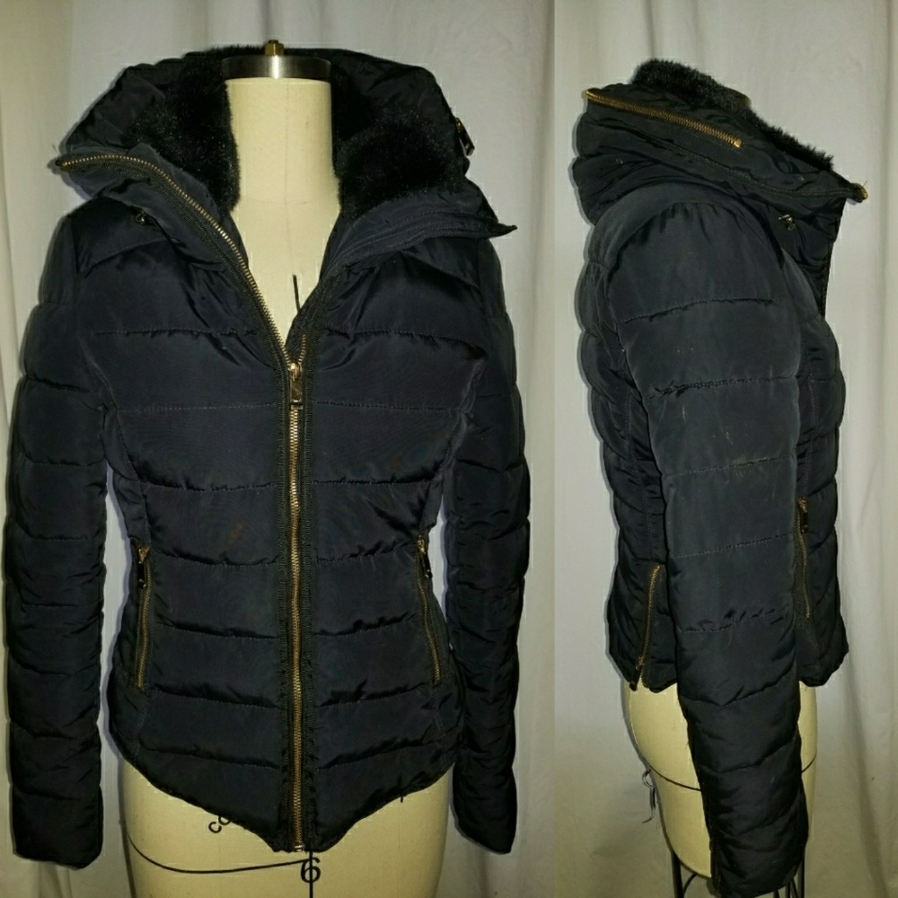 ZARA puffer jacket faux fur collar winter coat